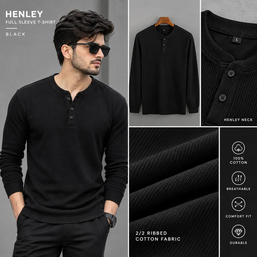 FULL SLEEVE HENLEY T-SHIRT – BLACK