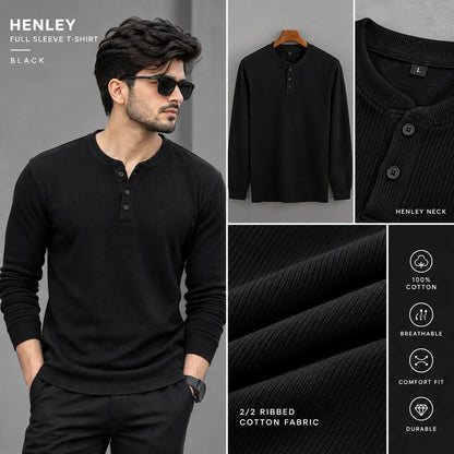 FULL SLEEVE HENLEY T-SHIRT – BLACK