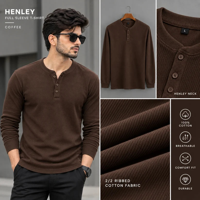 FULL SLEEVE HENLEY T-SHIRT – COFFEE