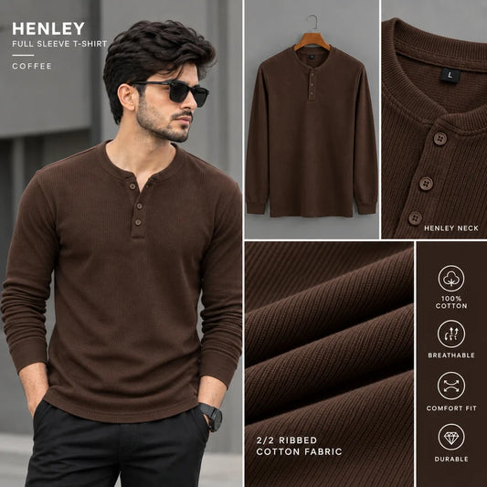FULL SLEEVE HENLEY T-SHIRT – COFFEE