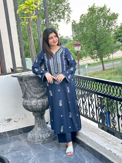 Embroidered Soft Cotton Pakitani Set in [Navy Blue]