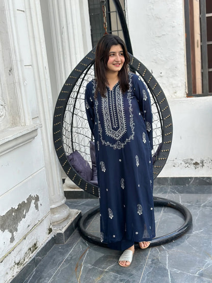 Embroidered Soft Cotton Pakitani Set in [Navy Blue]