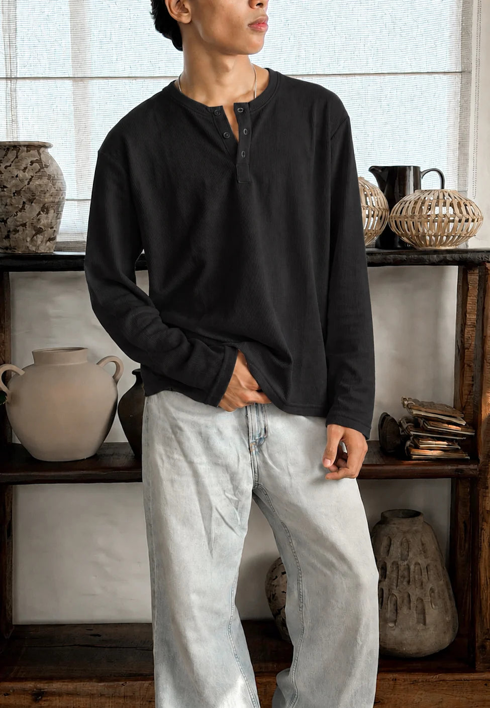 FULL SLEEVE HENLEY T-SHIRT – BLACK