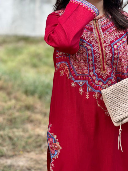 Embroidered Soft Cotton Pakitani Set in [Red]