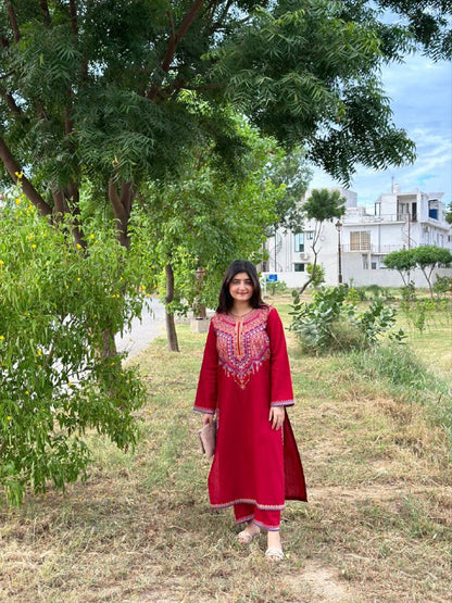 Embroidered Soft Cotton Pakitani Set in [Red]