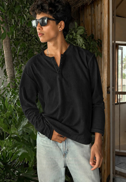 FULL SLEEVE HENLEY T-SHIRT – BLACK