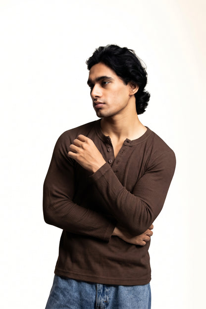 FULL SLEEVE HENLEY T-SHIRT – COFFEE