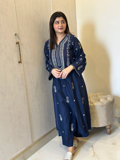 Embroidered Soft Cotton Pakitani Set in [Navy Blue]