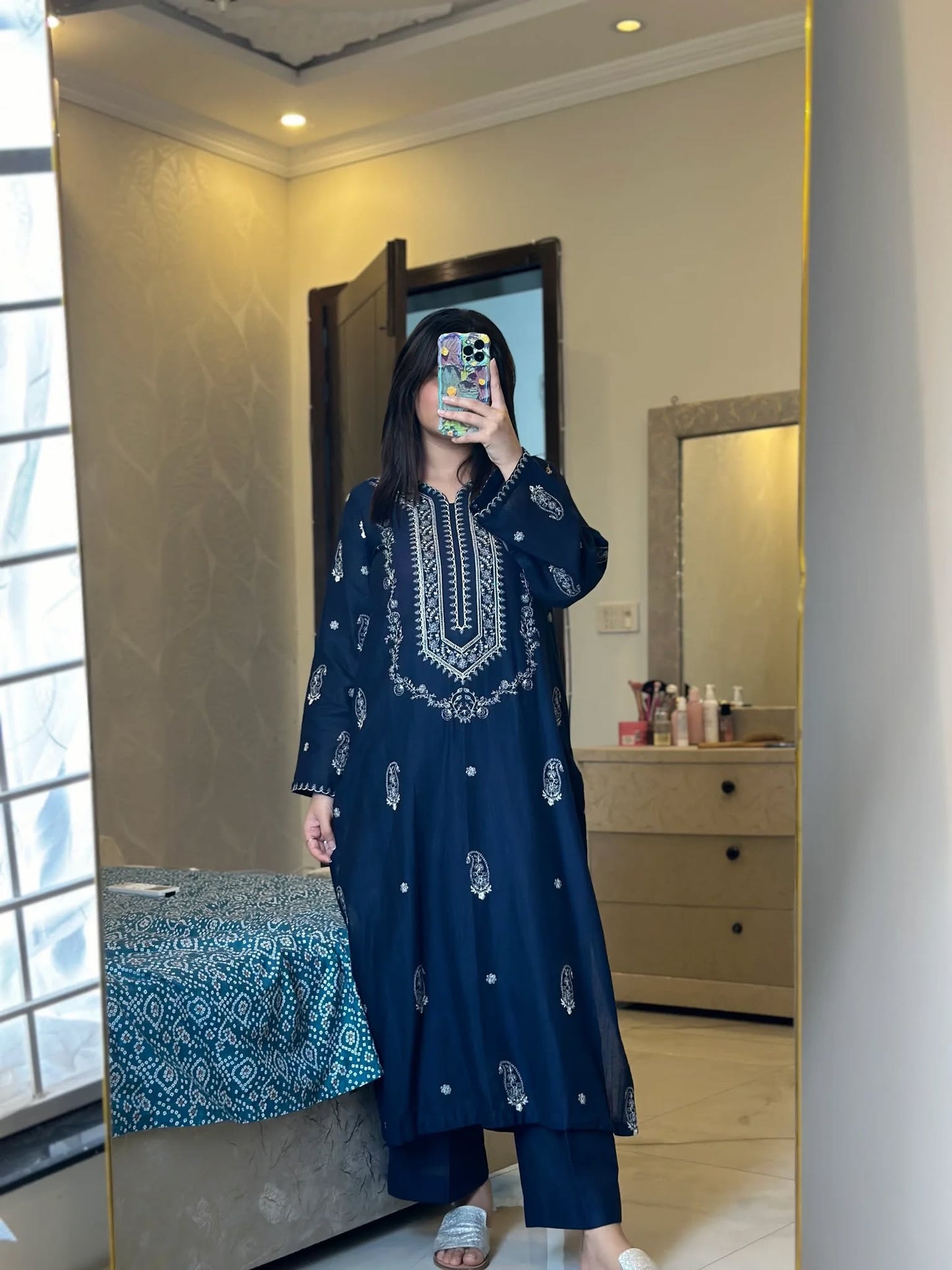 Embroidered Soft Cotton Pakitani Set in [Navy Blue]
