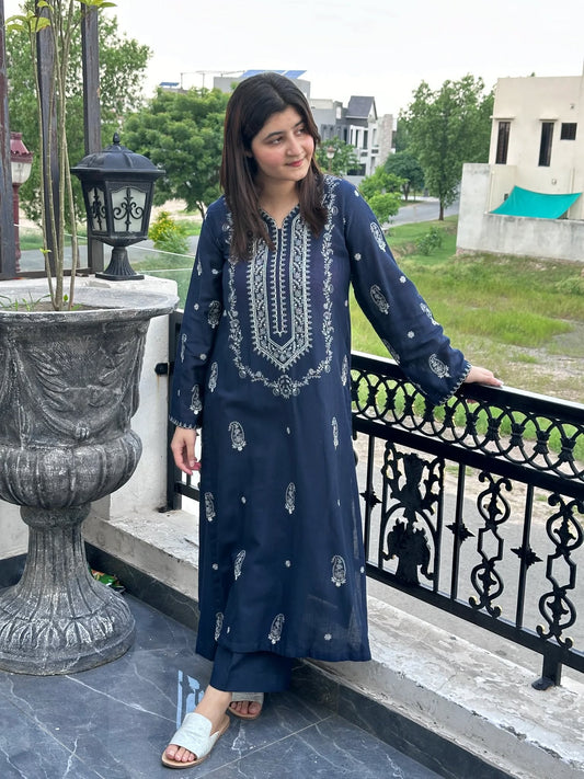 Embroidered Soft Cotton Pakitani Set in [Navy Blue]